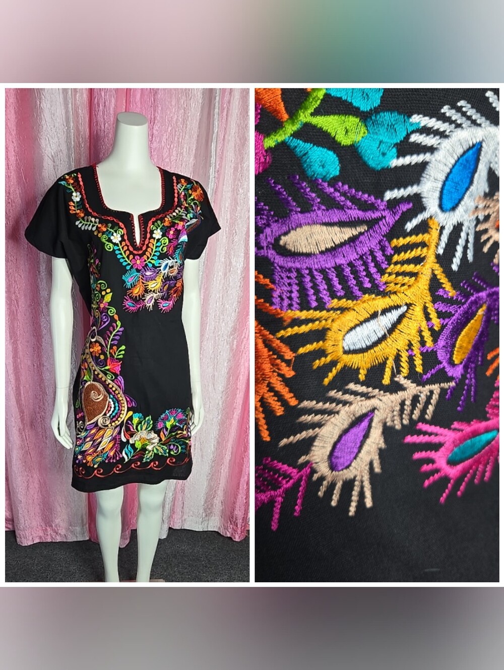 Mexican Floral Embroidered Black Boho Folk Ethnic Dress Size Medium
